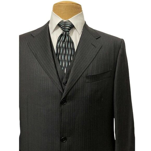 CANALI Men's Two Piece Sports Coat Vest Charcoal Gray Orange Striped Size 44 L - Picture 3 of 11